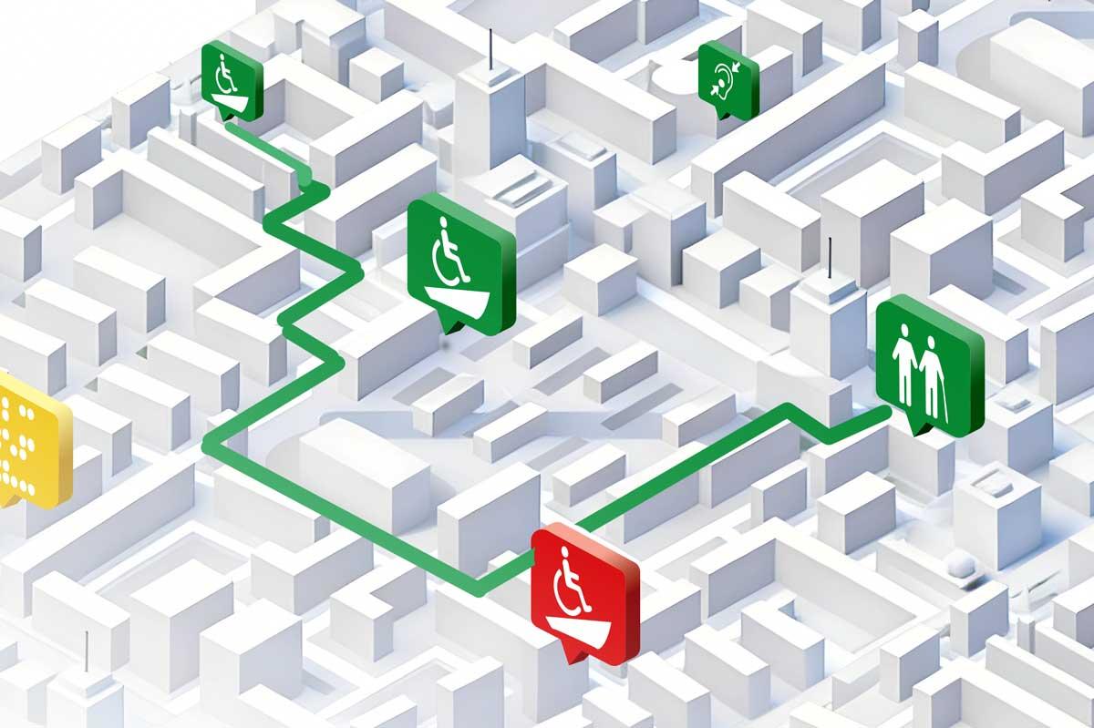 Isometric illustration of a white city with green accessibility pins connected by a routed path.