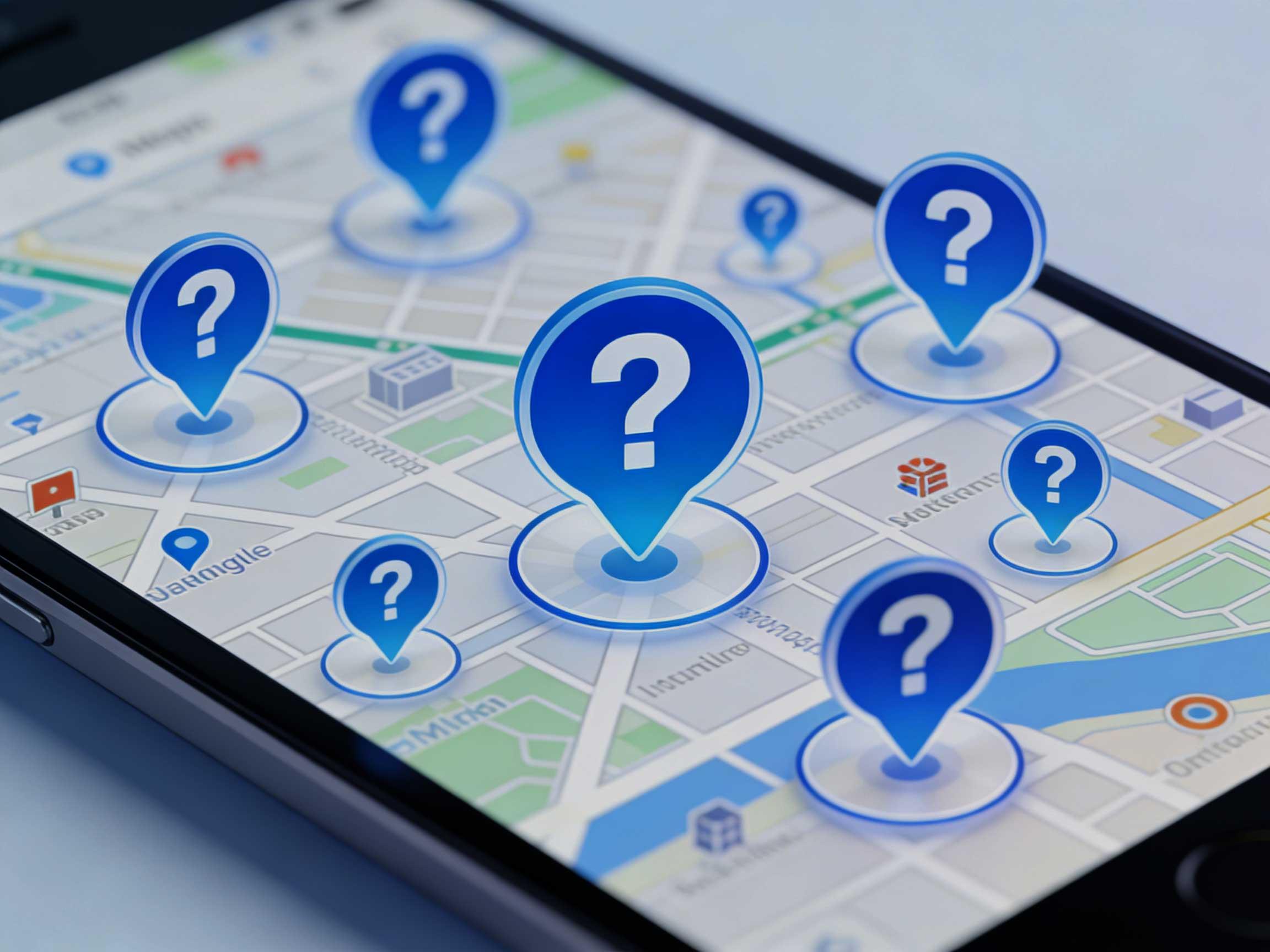 A smartphone showing a map with many blue question-mark pins, illustrating uncertainty about accessibility information.